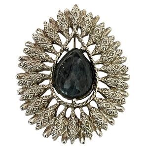 Sarah Coventry Open Work Teardrop Brooch Granada Silver Tone Pin Gray Stone